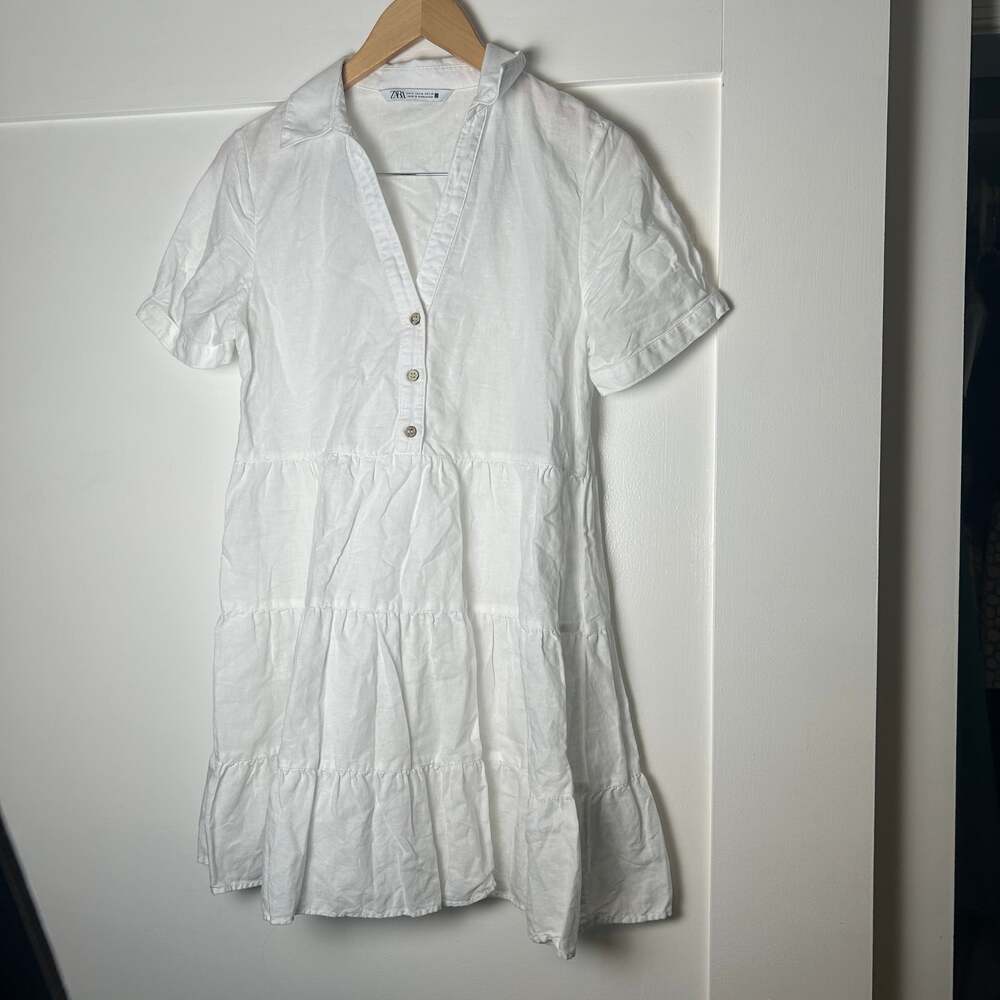 Zara White Linen Blend Tiered Mini Dress